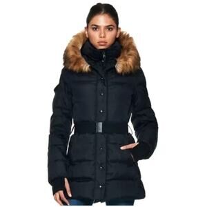 S13 Women’s Chalet Belted Faux Fur Hooded Puffer Long Coat Down Large Black